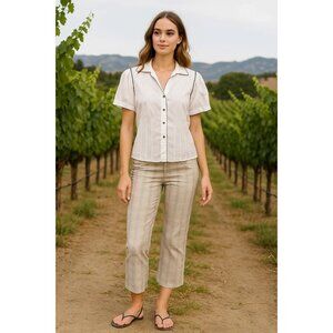 Nexx Retro White Button-Up Blouse Blue Whip Stitch Short Sleeves Collared Small